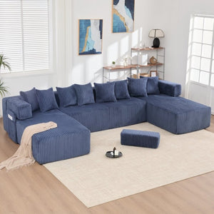 English Elm New Corduroy Modular U Shaped Sectional Sofa with Sleeper and Pocket Spring Cushions Blue W2108S00161