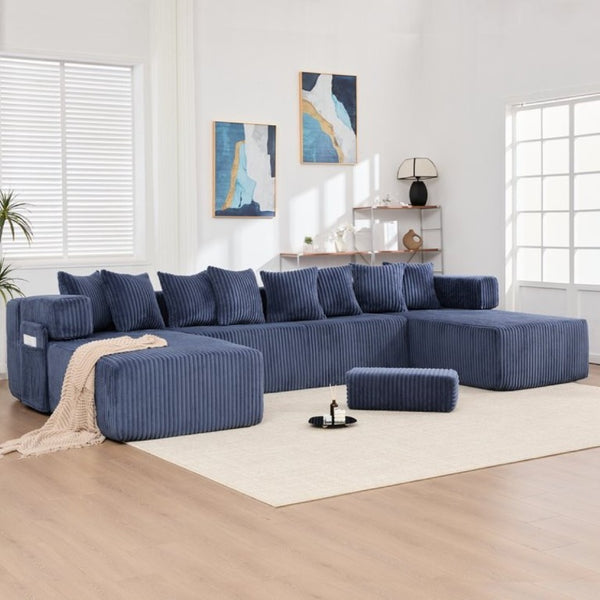 English Elm New Corduroy Modular U Shaped Sectional Sofa with Sleeper and Pocket Spring Cushions Blue W2108S00161