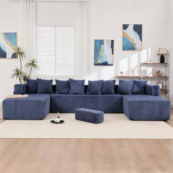 English Elm New Corduroy Modular U Shaped Sectional Sofa with Sleeper and Pocket Spring Cushions Blue W2108S00161