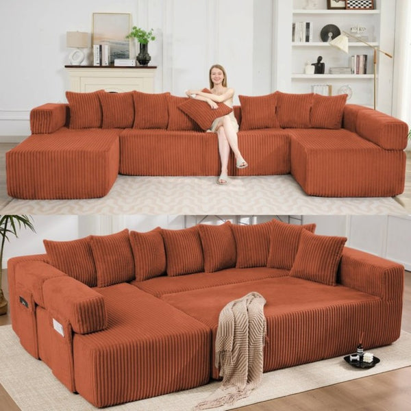 English Elm New Corduroy Modular U Shaped Sectional Sofa with Sleeper and Pocket Spring Cushions Orange W2108S00170