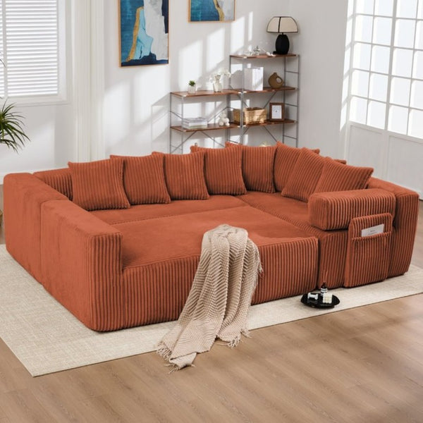 English Elm New Corduroy Modular U Shaped Sectional Sofa with Sleeper and Pocket Spring Cushions Orange W2108S00170