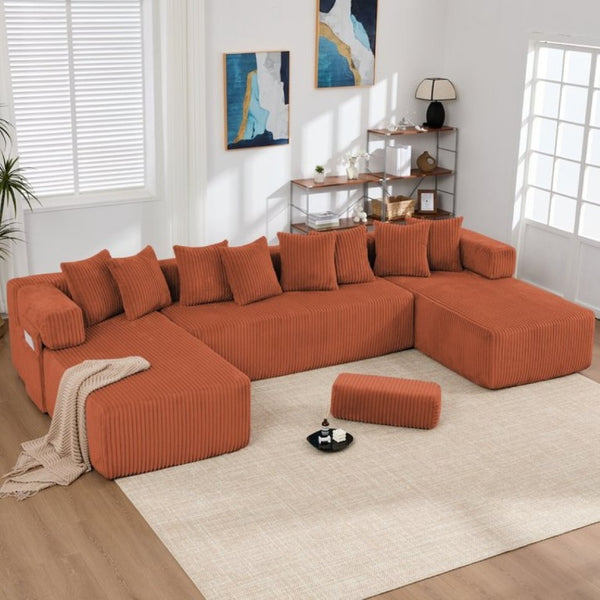 English Elm New Corduroy Modular U Shaped Sectional Sofa with Sleeper and Pocket Spring Cushions Orange W2108S00170