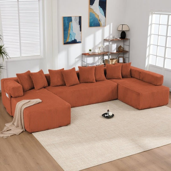English Elm New Corduroy Modular U Shaped Sectional Sofa with Sleeper and Pocket Spring Cushions Orange W2108S00170