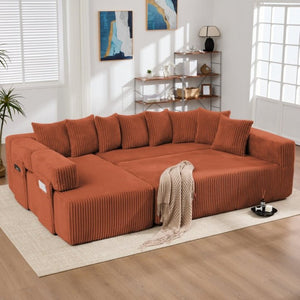 English Elm New Corduroy Modular U Shaped Sectional Sofa with Sleeper and Pocket Spring Cushions Orange W2108S00170