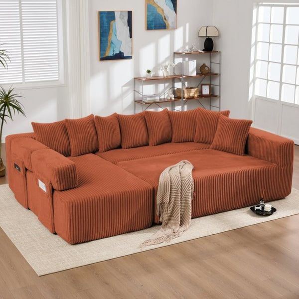 English Elm New Corduroy Modular U Shaped Sectional Sofa with Sleeper and Pocket Spring Cushions Orange W2108S00170