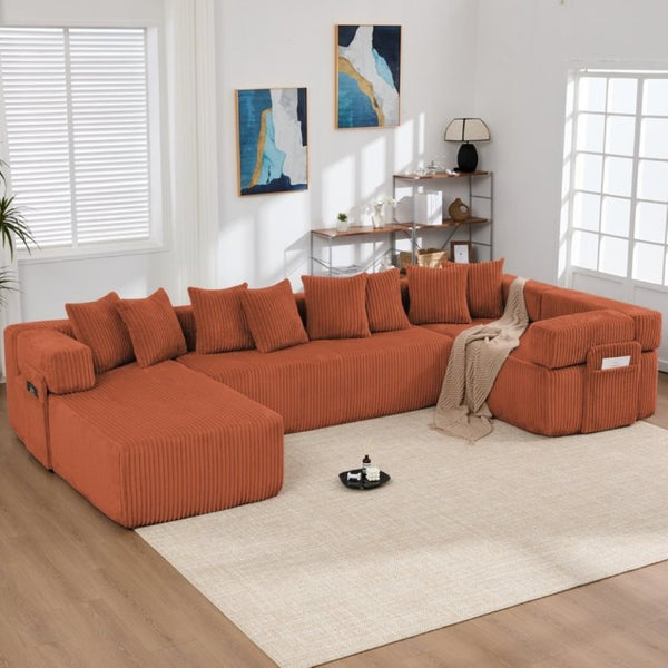 English Elm New Corduroy Modular U Shaped Sectional Sofa with Sleeper and Pocket Spring Cushions Orange W2108S00170