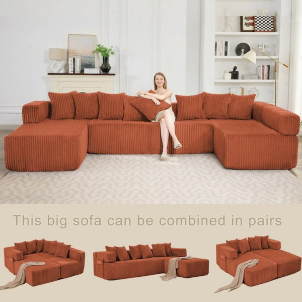English Elm New Corduroy Modular U Shaped Sectional Sofa with Sleeper and Pocket Spring Cushions Orange W2108S00170