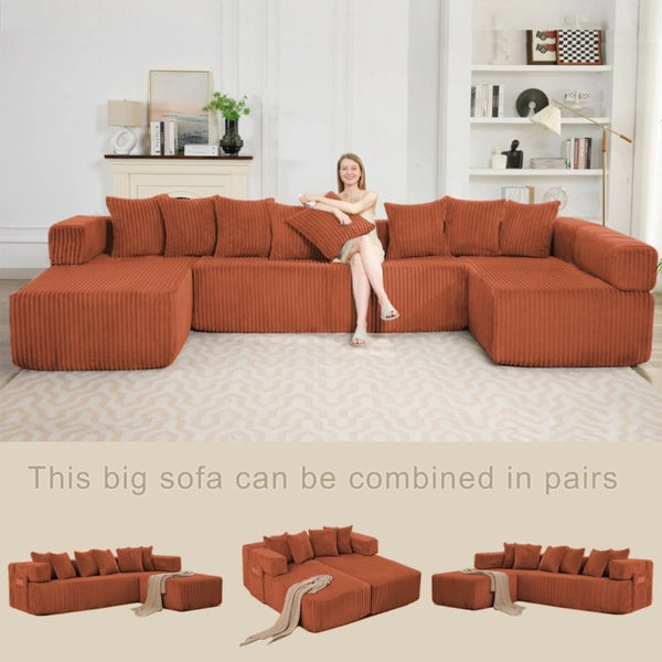 English Elm New Corduroy Modular U Shaped Sectional Sofa with Sleeper and Pocket Spring Cushions Orange W2108S00170