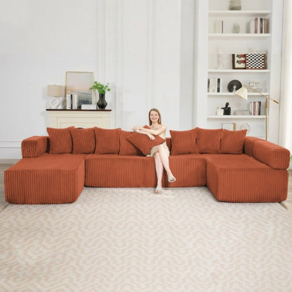 English Elm New Corduroy Modular U Shaped Sectional Sofa with Sleeper and Pocket Spring Cushions Orange W2108S00170