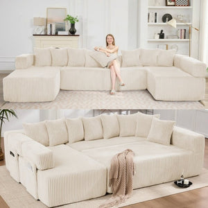 English Elm New Corduroy Modular U Shaped Sectional Sofa with Sleeper and Pocket Spring Cushions Beige W2108S00171
