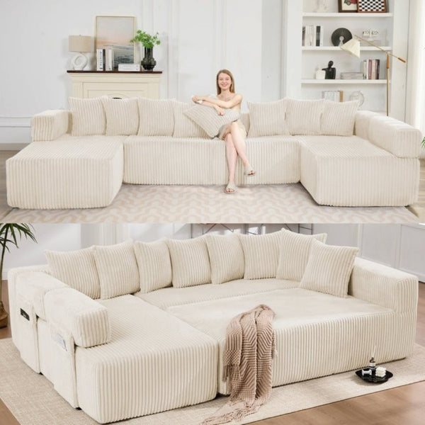 English Elm New Corduroy Modular U Shaped Sectional Sofa with Sleeper and Pocket Spring Cushions Beige W2108S00171