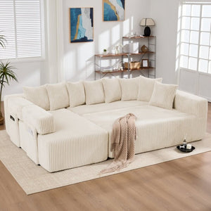 English Elm New Corduroy Modular U Shaped Sectional Sofa with Sleeper and Pocket Spring Cushions Beige W2108S00171
