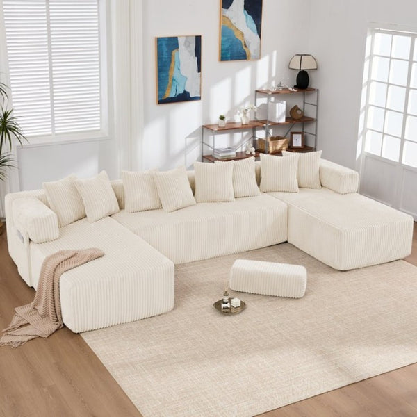 English Elm New Corduroy Modular U Shaped Sectional Sofa with Sleeper and Pocket Spring Cushions Beige W2108S00171