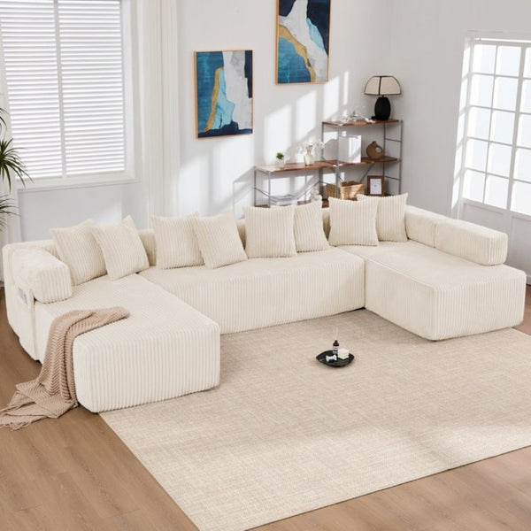 English Elm New Corduroy Modular U Shaped Sectional Sofa with Sleeper and Pocket Spring Cushions Beige W2108S00171