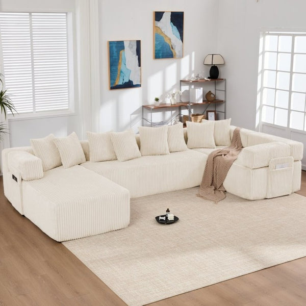 English Elm New Corduroy Modular U Shaped Sectional Sofa with Sleeper and Pocket Spring Cushions Beige W2108S00171