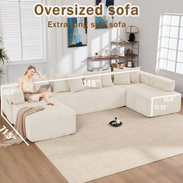 English Elm New Corduroy Modular U Shaped Sectional Sofa with Sleeper and Pocket Spring Cushions Beige W2108S00171