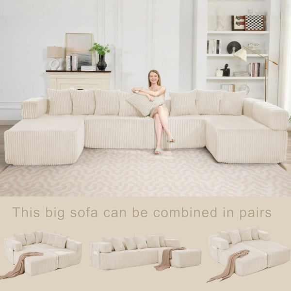 English Elm New Corduroy Modular U Shaped Sectional Sofa with Sleeper and Pocket Spring Cushions Beige W2108S00171