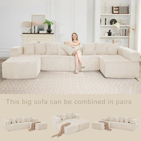 English Elm New Corduroy Modular U Shaped Sectional Sofa with Sleeper and Pocket Spring Cushions Beige W2108S00171