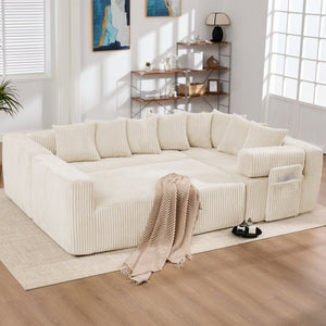 English Elm New Corduroy Modular U Shaped Sectional Sofa with Sleeper and Pocket Spring Cushions Beige W2108S00171