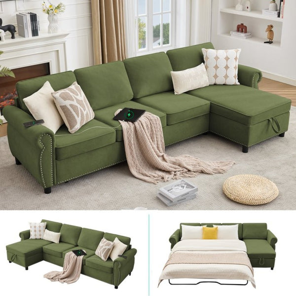 English Elm [new Arrived] L Shaped Sleeper Sectional with Wireless Charging Memory Foam and Storage Green W2108S00172