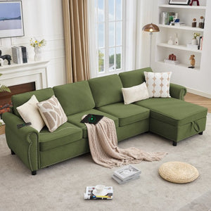 English Elm [new Arrived] L Shaped Sleeper Sectional with Wireless Charging Memory Foam and Storage Green W2108S00172