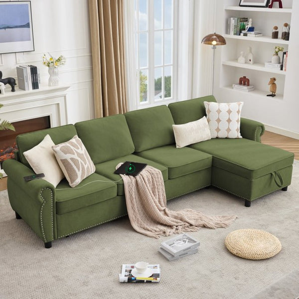 English Elm [new Arrived] L Shaped Sleeper Sectional with Wireless Charging Memory Foam and Storage Green W2108S00172