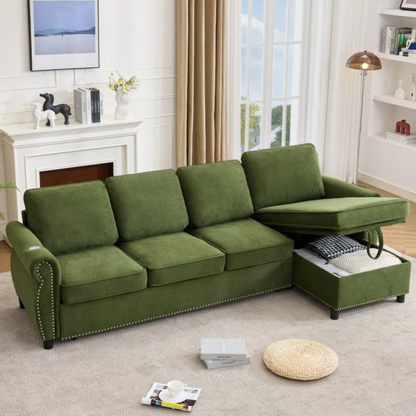English Elm [new Arrived] L Shaped Sleeper Sectional with Wireless Charging Memory Foam and Storage Green W2108S00172