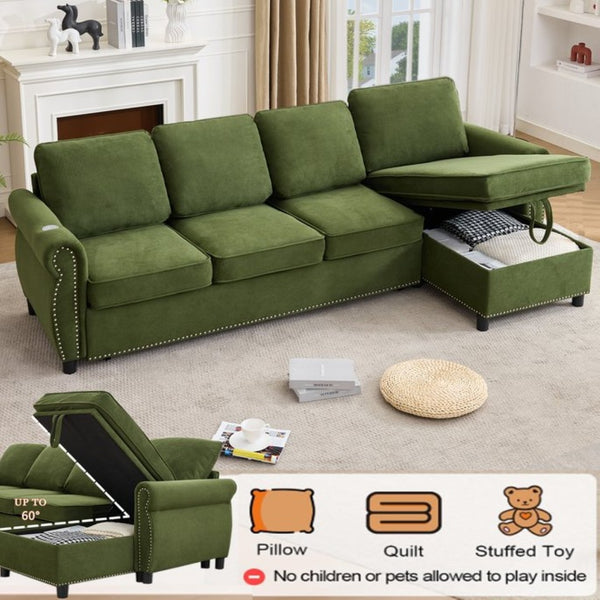 English Elm [new Arrived] L Shaped Sleeper Sectional with Wireless Charging Memory Foam and Storage Green W2108S00172