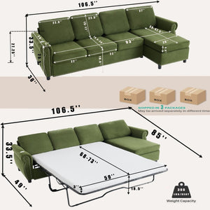 English Elm [new Arrived] L Shaped Sleeper Sectional with Wireless Charging Memory Foam and Storage Green W2108S00172