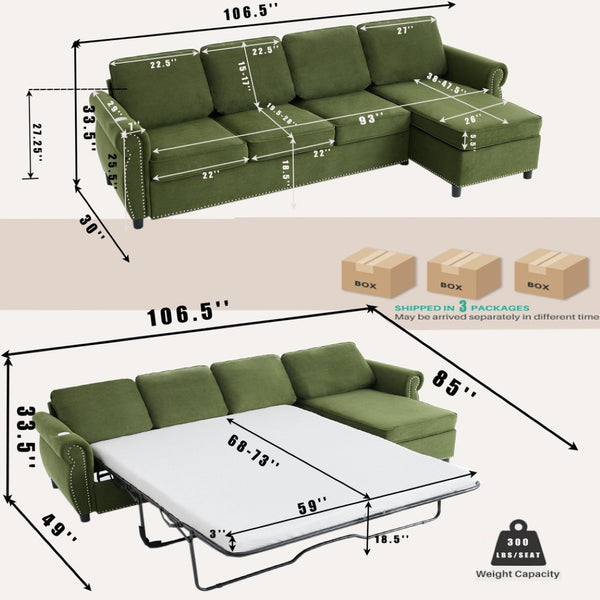 English Elm [new Arrived] L Shaped Sleeper Sectional with Wireless Charging Memory Foam and Storage Green W2108S00172