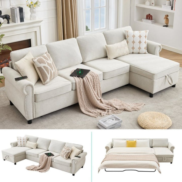 English Elm [new Arrived] L Shaped Sleeper Sectional with Wireless Charging Memory Foam and Storage Beige W2108S00173