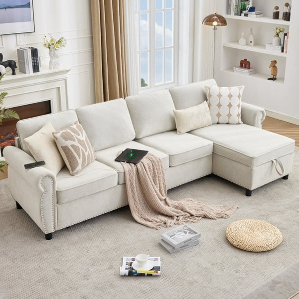 English Elm [new Arrived] L Shaped Sleeper Sectional with Wireless Charging Memory Foam and Storage Beige W2108S00173