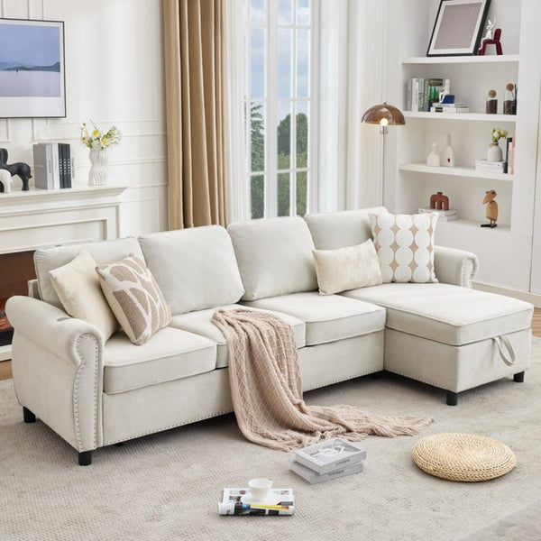 English Elm [new Arrived] L Shaped Sleeper Sectional with Wireless Charging Memory Foam and Storage Beige W2108S00173