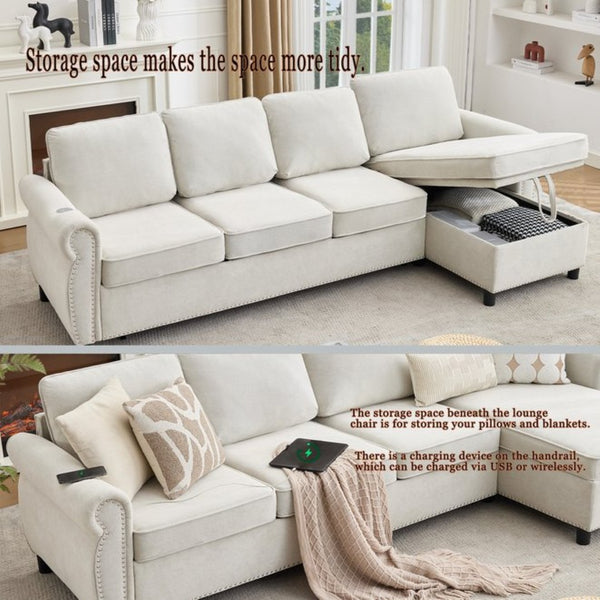 English Elm [new Arrived] L Shaped Sleeper Sectional with Wireless Charging Memory Foam and Storage Beige W2108S00173