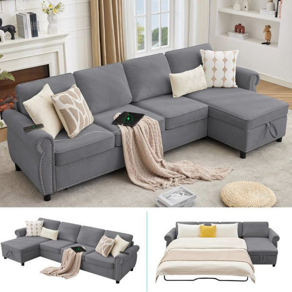 English Elm [new Arrived] L Shaped Sleeper Sectional with Wireless Charging Memory Foam and Storage Dark Gray W2108S00174