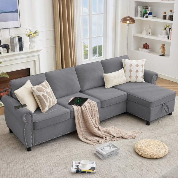English Elm [new Arrived] L Shaped Sleeper Sectional with Wireless Charging Memory Foam and Storage Dark Gray W2108S00174