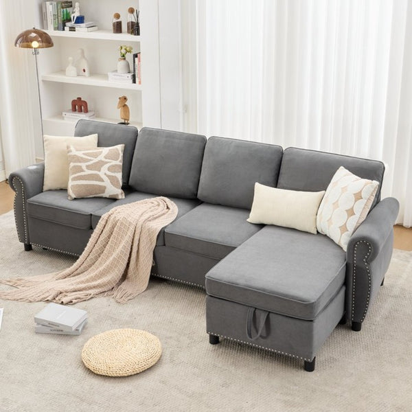 English Elm [new Arrived] L Shaped Sleeper Sectional with Wireless Charging Memory Foam and Storage Dark Gray W2108S00174