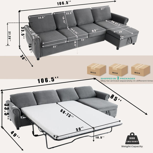 English Elm [new Arrived] L Shaped Sleeper Sectional with Wireless Charging Memory Foam and Storage Dark Gray W2108S00174