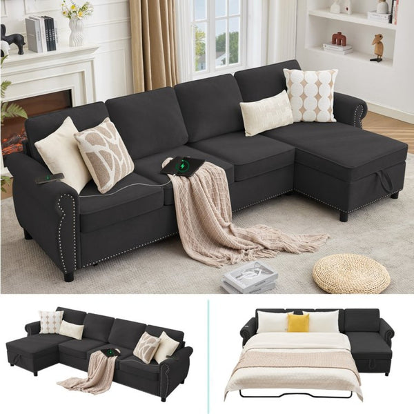 English Elm [new Arrived] L Shaped Sleeper Sectional with Wireless Charging Memory Foam and Storage Black W2108S00175