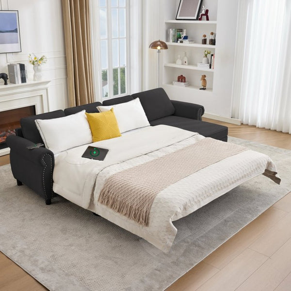 English Elm [new Arrived] L Shaped Sleeper Sectional with Wireless Charging Memory Foam and Storage Black W2108S00175