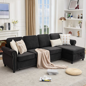 English Elm [new Arrived] L Shaped Sleeper Sectional with Wireless Charging Memory Foam and Storage Black W2108S00175