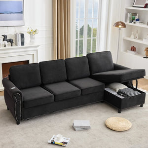 English Elm [new Arrived] L Shaped Sleeper Sectional with Wireless Charging Memory Foam and Storage Black W2108S00175