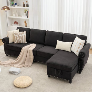English Elm [new Arrived] L Shaped Sleeper Sectional with Wireless Charging Memory Foam and Storage Black W2108S00175