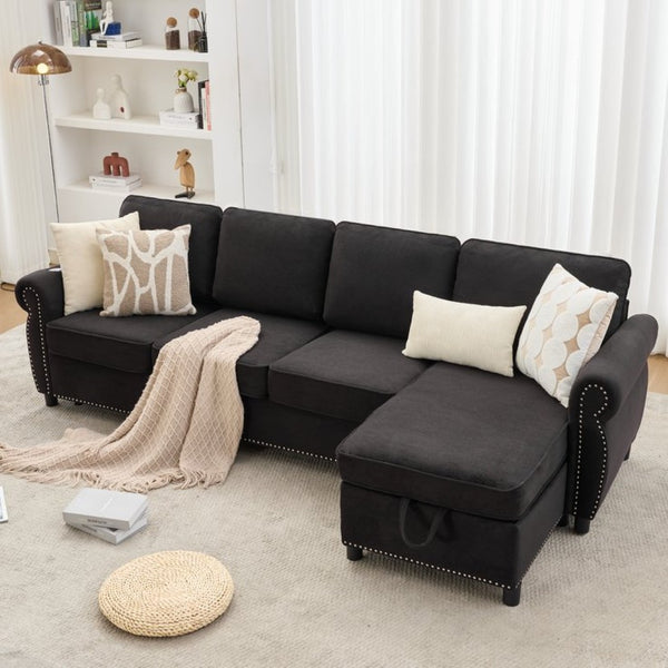 English Elm [new Arrived] L Shaped Sleeper Sectional with Wireless Charging Memory Foam and Storage Black W2108S00175