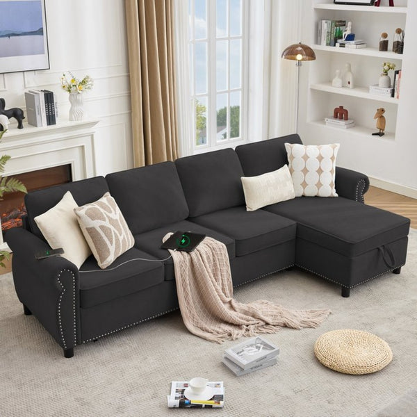 English Elm [new Arrived] L Shaped Sleeper Sectional with Wireless Charging Memory Foam and Storage Black W2108S00175