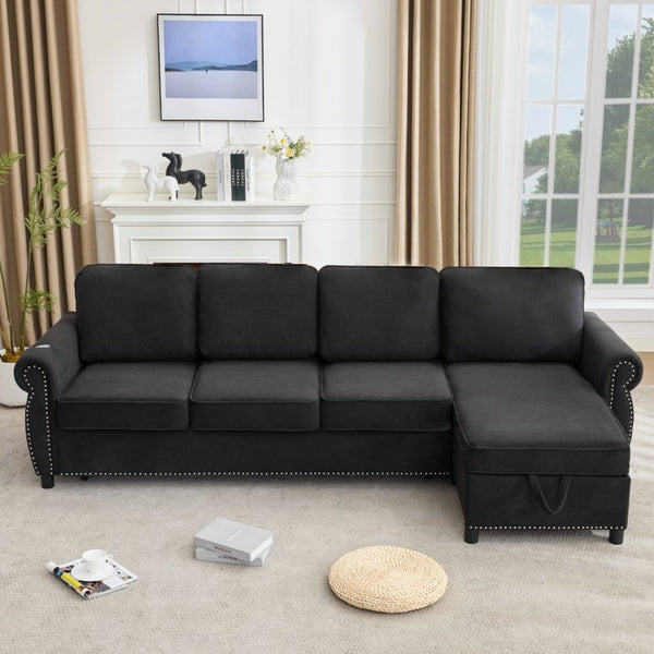 English Elm [new Arrived] L Shaped Sleeper Sectional with Wireless Charging Memory Foam and Storage Black W2108S00175
