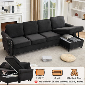 English Elm [new Arrived] L Shaped Sleeper Sectional with Wireless Charging Memory Foam and Storage Black W2108S00175