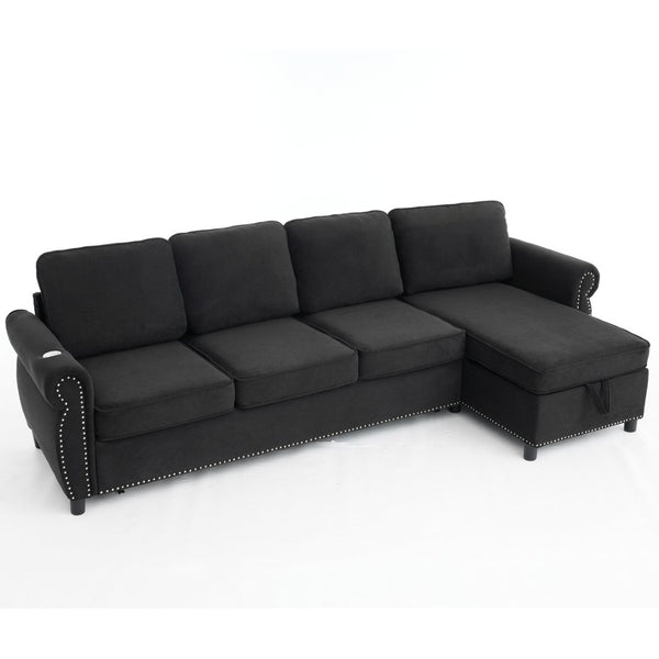 English Elm [new Arrived] L Shaped Sleeper Sectional with Wireless Charging Memory Foam and Storage Black W2108S00175