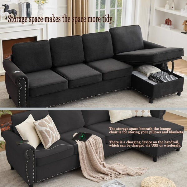 English Elm [new Arrived] L Shaped Sleeper Sectional with Wireless Charging Memory Foam and Storage Black W2108S00175