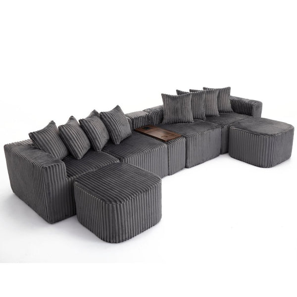 English Elm New Modular U Shaped Corduroy Sectional Sofa with Wireless Charging and Fold Out Table W2108S00178